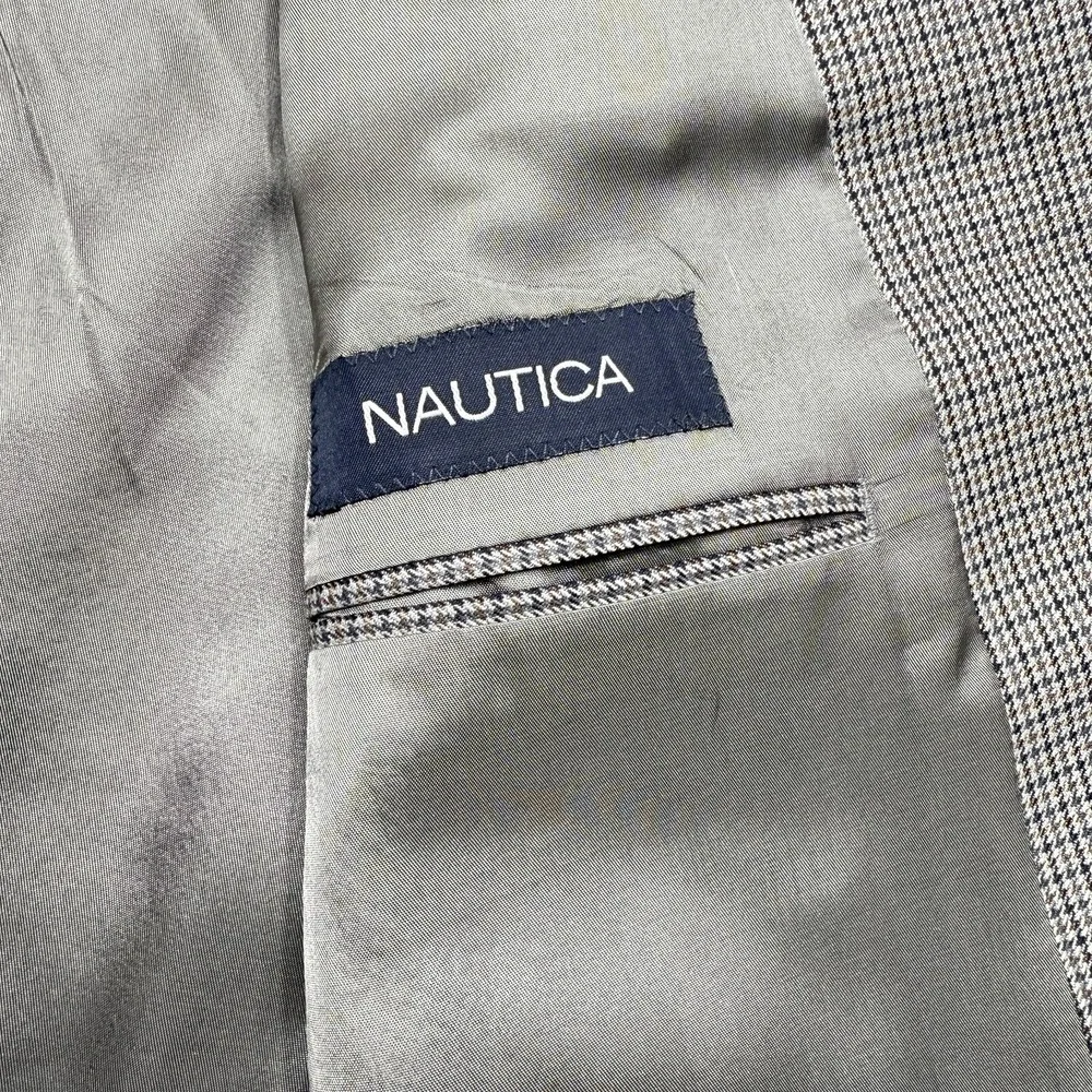 Nautica Blazer Jacket Mens 40S Brown Houndstooth Plaid Wool Sport Coat 2-Button